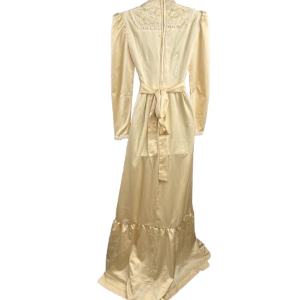 Vintage Cream Satin Lace Prairie Maxi Dress High Neck Long Sleeve Victorian -S/M - Picture 2 of 5